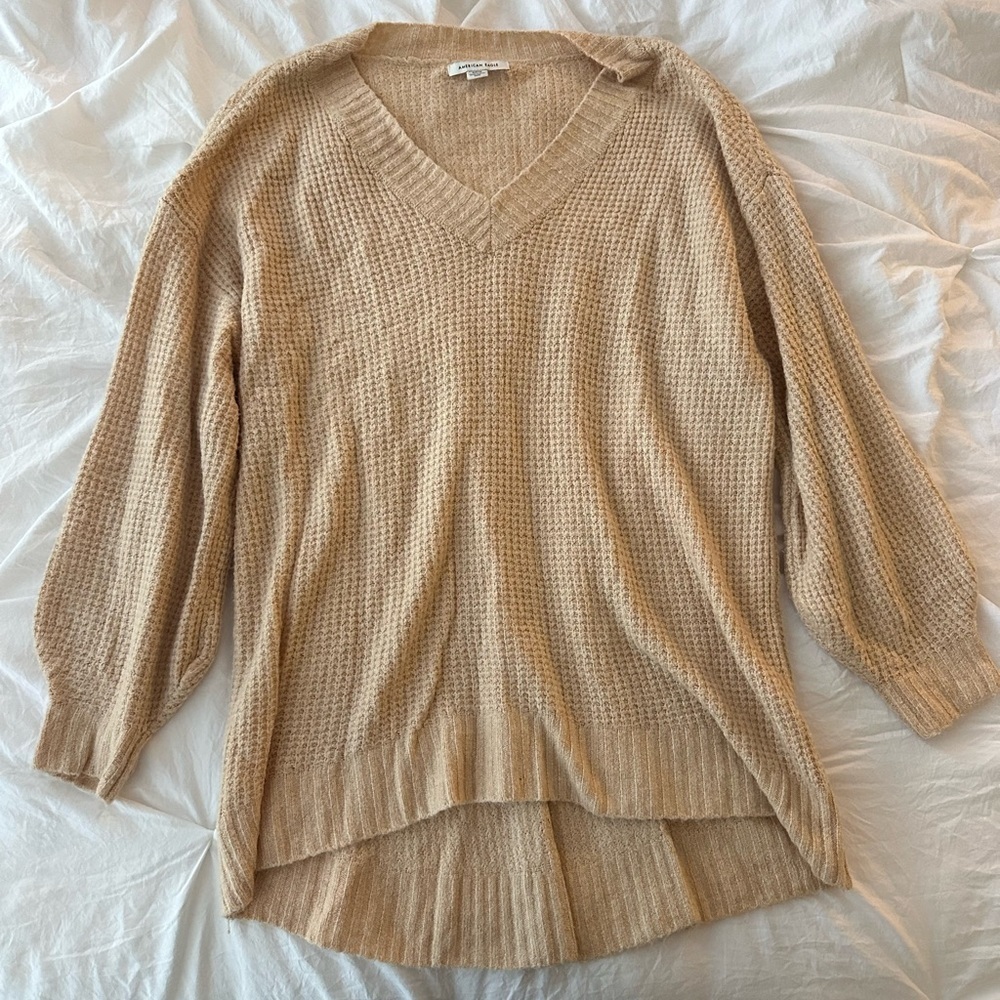 American Eagle Tan V-Neck Waffle Sweater Size S - Picture 2 of 5